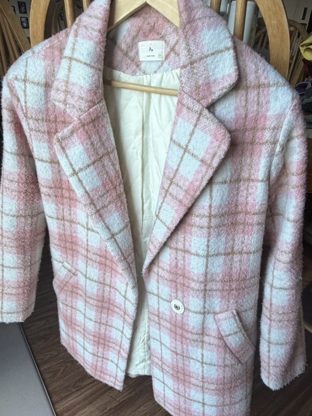 Wool-Blend Pink Plaid Pea Coat - Women's